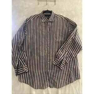 Bugatchi Uomo Shirt Multi-Color Striped Over Abstract Floral Men XXL Semi-Sheer‎